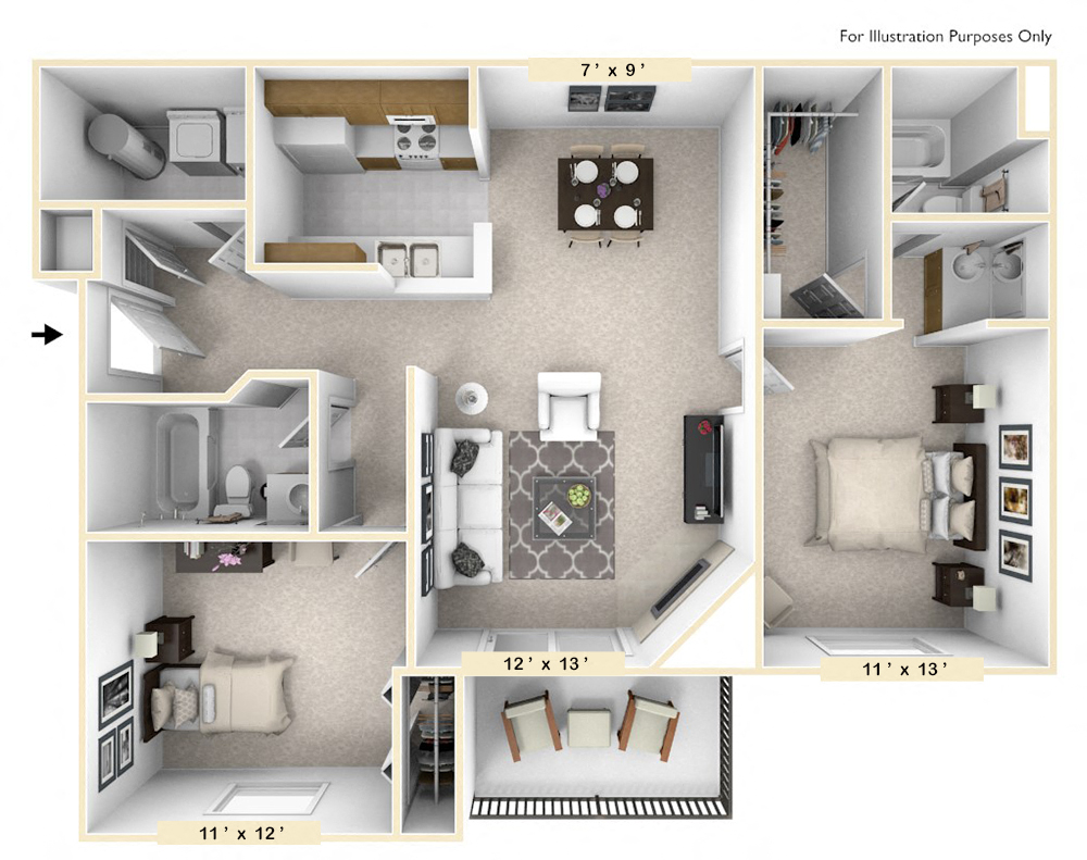 Floor plan for 2 beds, 2 baths, 1028 sqft